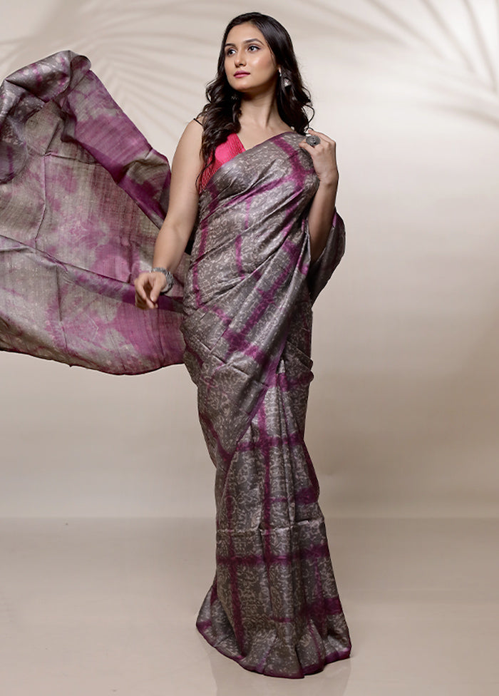 Grey Tussar Pure Silk Saree With Blouse Piece - Indian Silk House Agencies