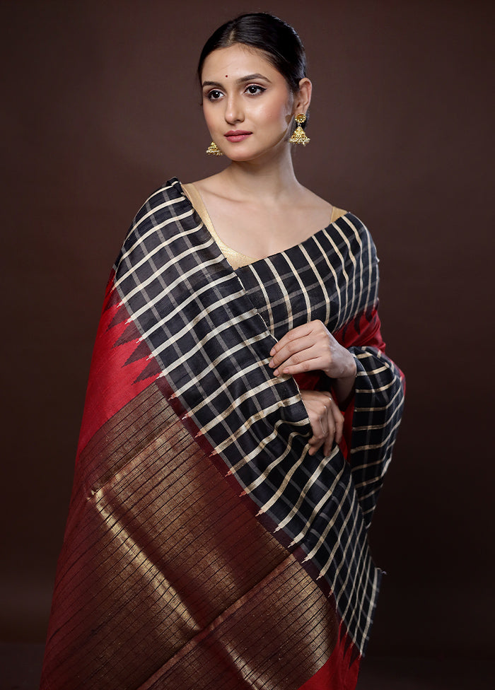 Black Tussar Pure Silk Saree With Blouse Piece - Indian Silk House Agencies