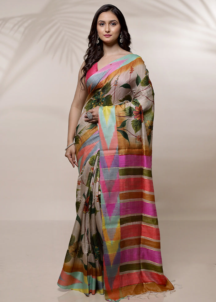 Cream Tussar Silk Saree With Blouse Piece - Indian Silk House Agencies