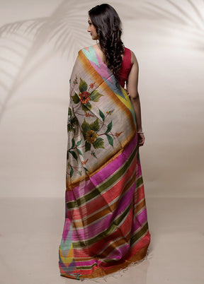 Cream Tussar Silk Saree With Blouse Piece - Indian Silk House Agencies