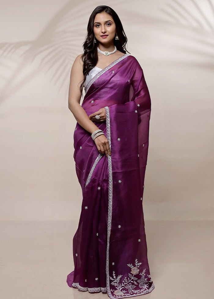 Purple Pure Organza Saree With Blouse Piece - Indian Silk House Agencies