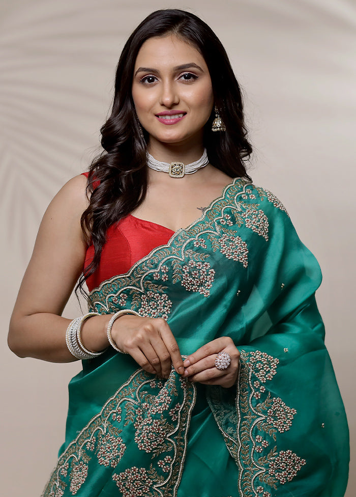 Green Pure Organza Saree With Blouse Piece - Indian Silk House Agencies