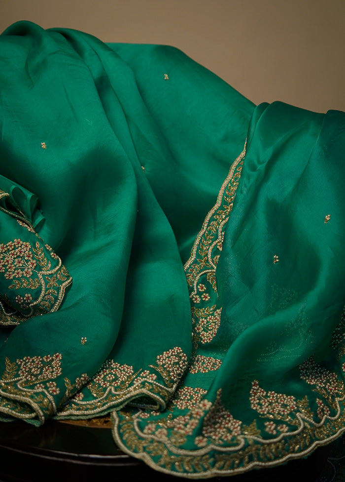 Green Pure Organza Saree With Blouse Piece - Indian Silk House Agencies