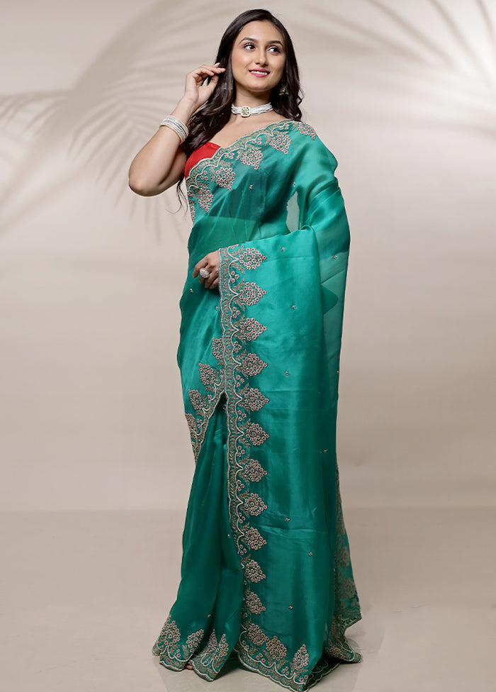 Green Pure Organza Saree With Blouse Piece - Indian Silk House Agencies