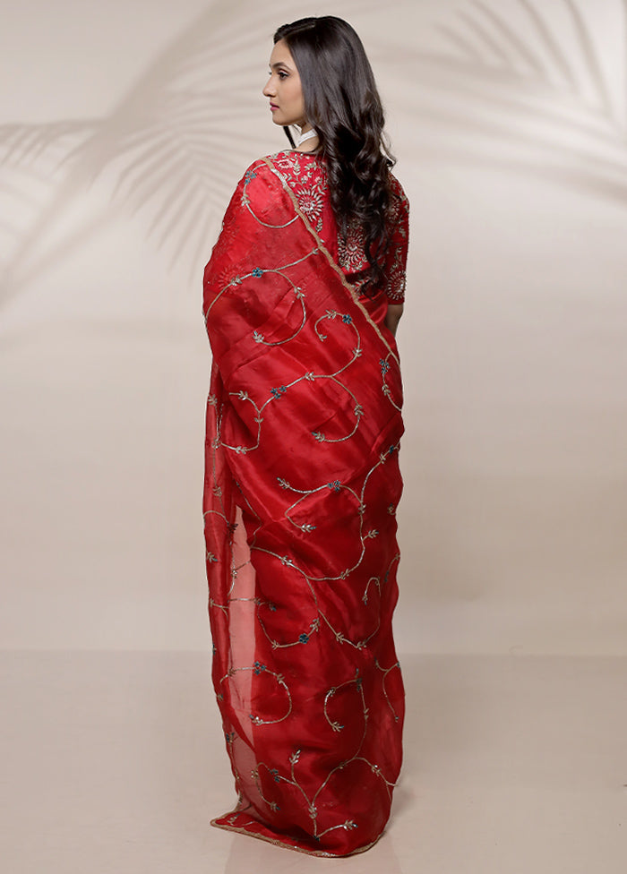 Red Pure Organza Saree With Blouse Piece - Indian Silk House Agencies