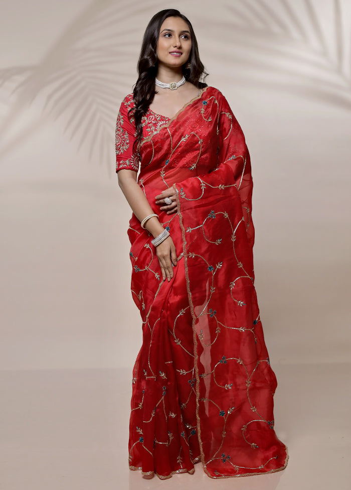 Red Pure Organza Saree With Blouse Piece - Indian Silk House Agencies