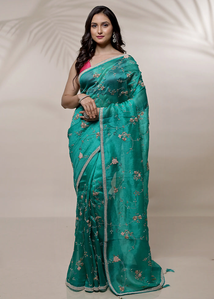 Green Pure Organza Saree With Blouse Piece - Indian Silk House Agencies