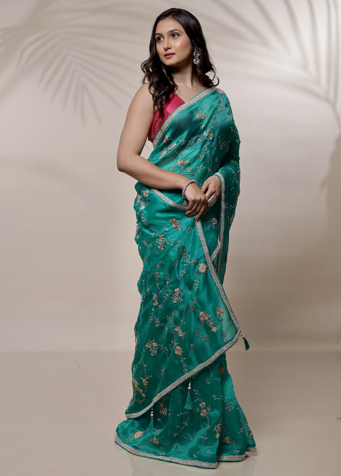 Green Pure Organza Saree With Blouse Piece - Indian Silk House Agencies