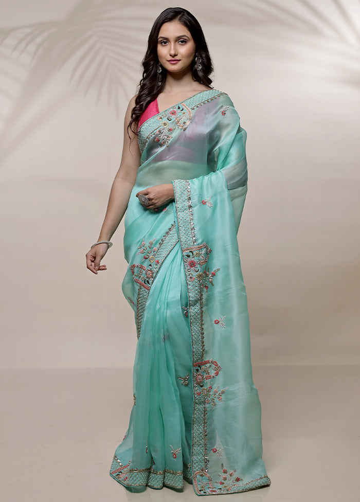 Green Pure Organza Saree With Blouse Piece - Indian Silk House Agencies