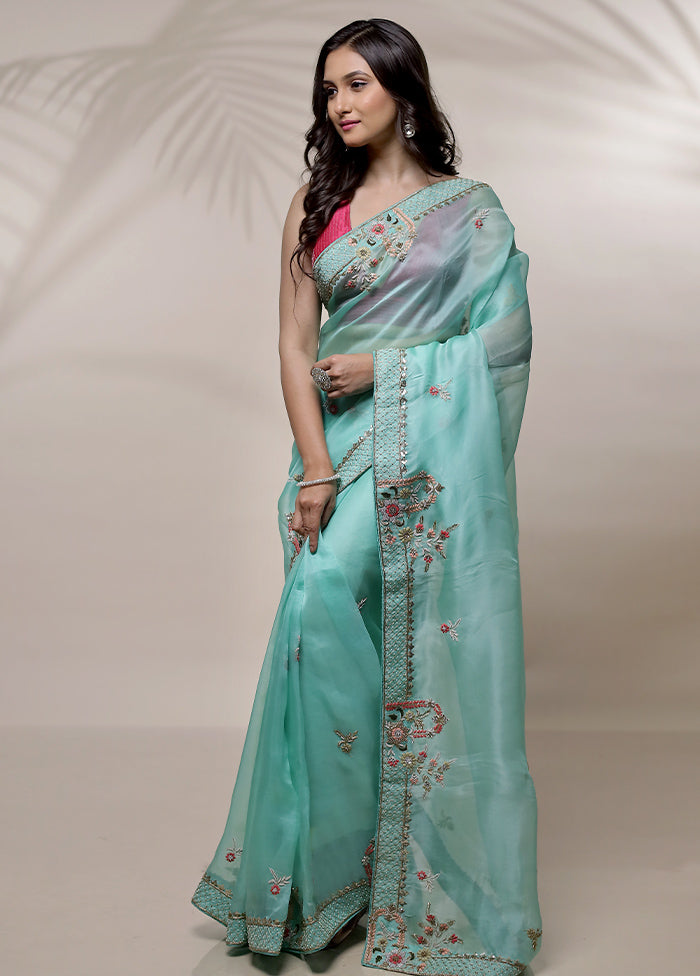 Green Pure Organza Saree With Blouse Piece - Indian Silk House Agencies