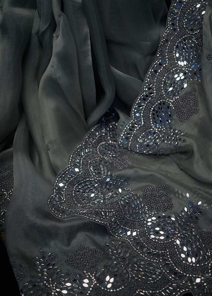 Grey Pure Organza Saree With Blouse Piece - Indian Silk House Agencies