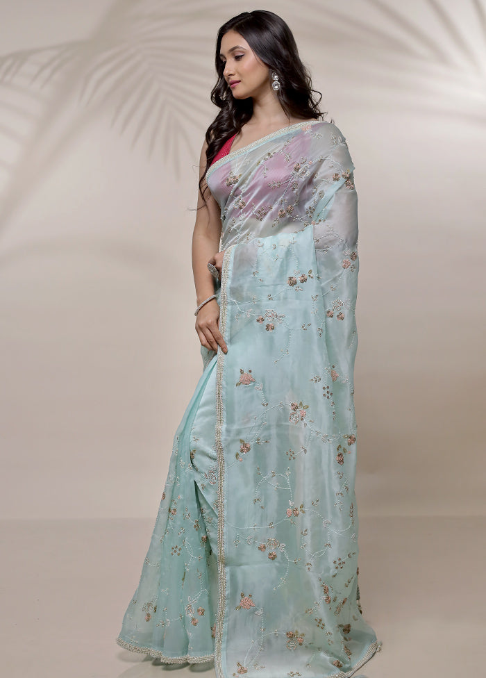 Green Pure Organza Saree With Blouse Piece - Indian Silk House Agencies