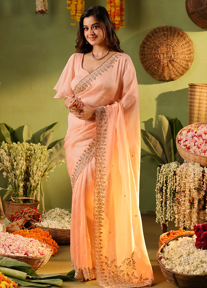 Peach Handloom Pure Organza Saree With Blouse Piece