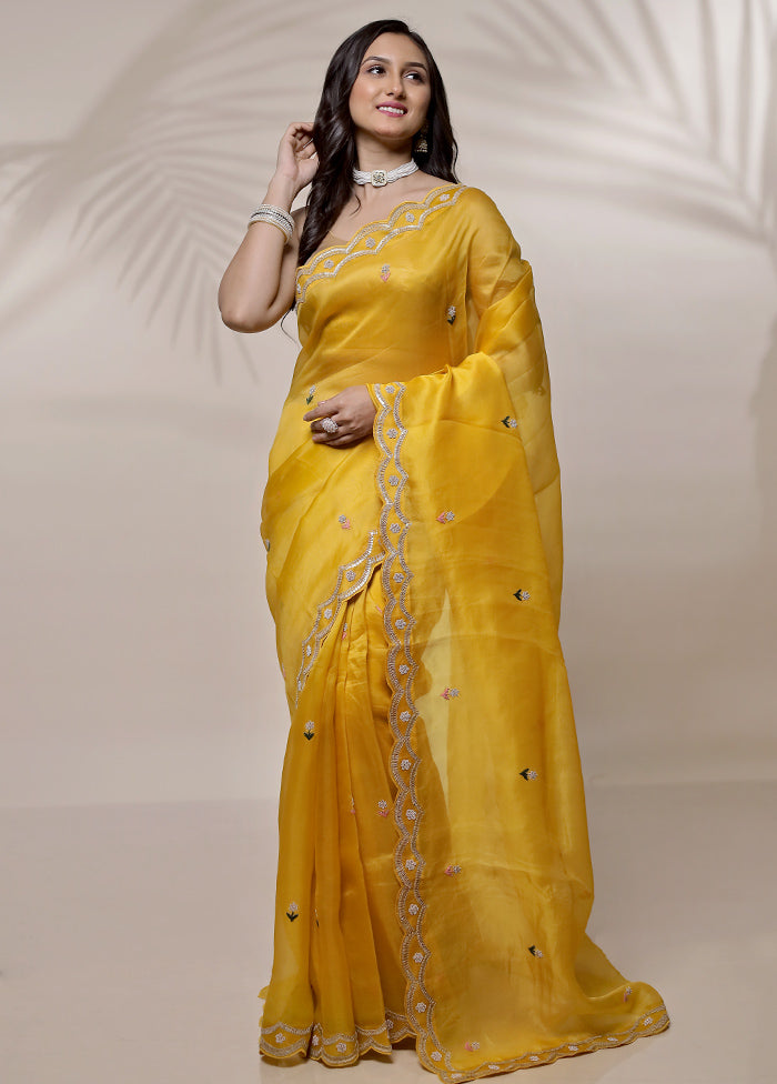 Yellow Pure Organza Saree With Blouse Piece - Indian Silk House Agencies