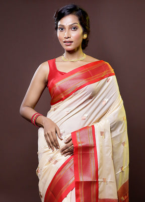 Cream Kanjivaram Silk Saree With Blouse Piece