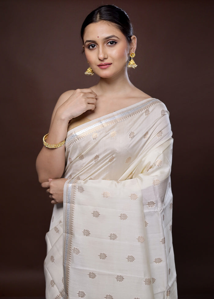 Cream Dupion Pure Silk Saree With Blouse Piece - Indian Silk House Agencies