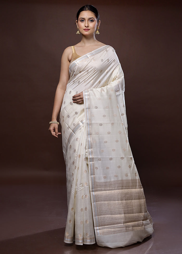 Cream Dupion Pure Silk Saree With Blouse Piece - Indian Silk House Agencies