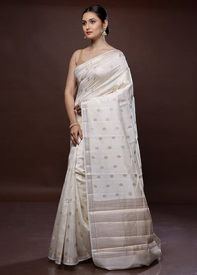 Cream Dupion Pure Silk Saree With Blouse Piece - Indian Silk House Agencies