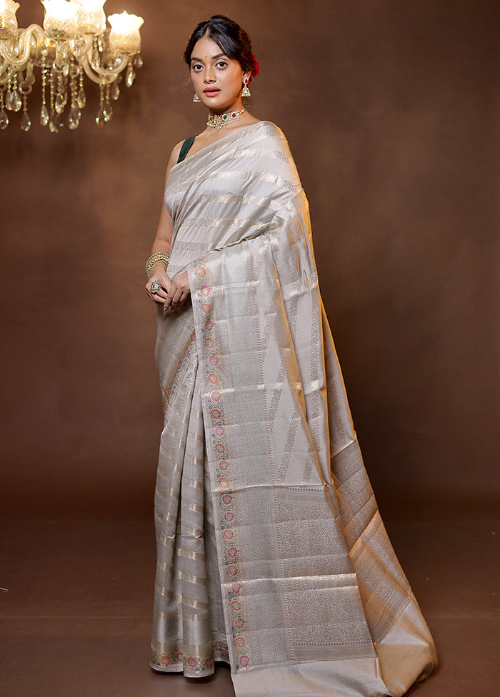 Grey Handloom Dupion Pure Silk Saree With Blouse Piece