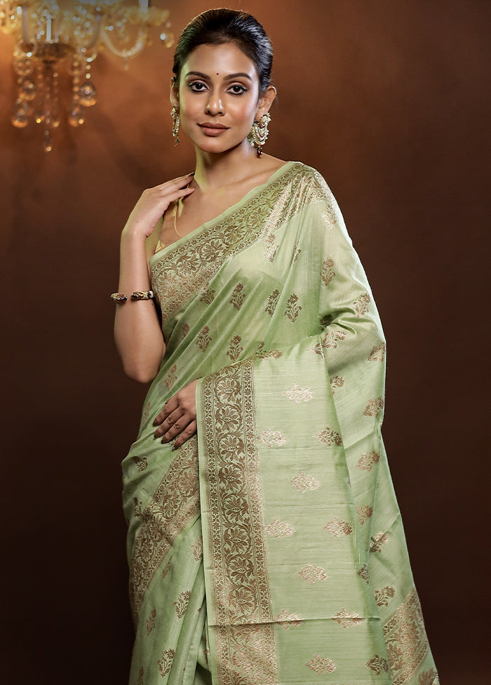 Green Dupion Silk Saree With Blouse Piece