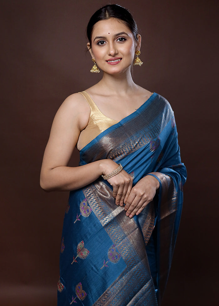 Blue Dupion Pure Silk Saree With Blouse Piece - Indian Silk House Agencies