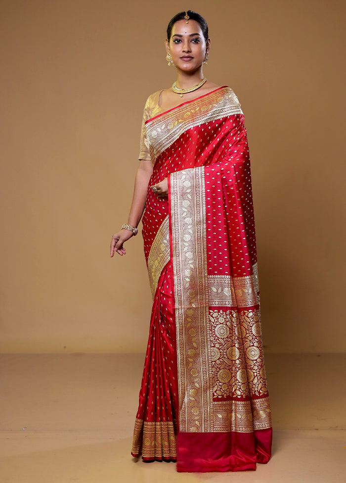 Maroon Handloom Banarasi Pure Silk Saree With Blouse Piece