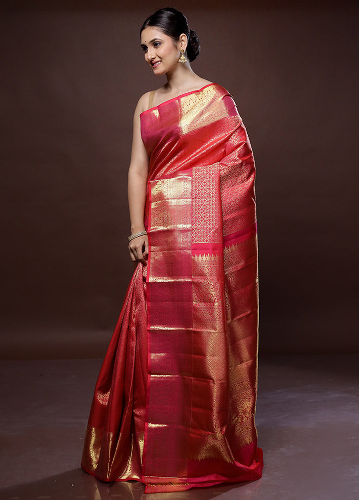 Red Kanchipuram Pure Silk Saree With Blouse Piece - Indian Silk House Agencies