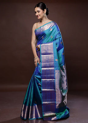 Blue Kanchipuram Pure Silk Saree With Blouse Piece - Indian Silk House Agencies