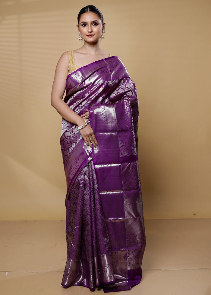 Purple Handloom Kanchipuram Pure Silk Saree With Blouse Piece