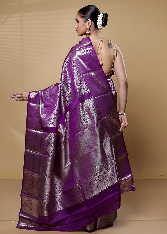 Purple Handloom Kanchipuram Pure Silk Saree With Blouse Piece