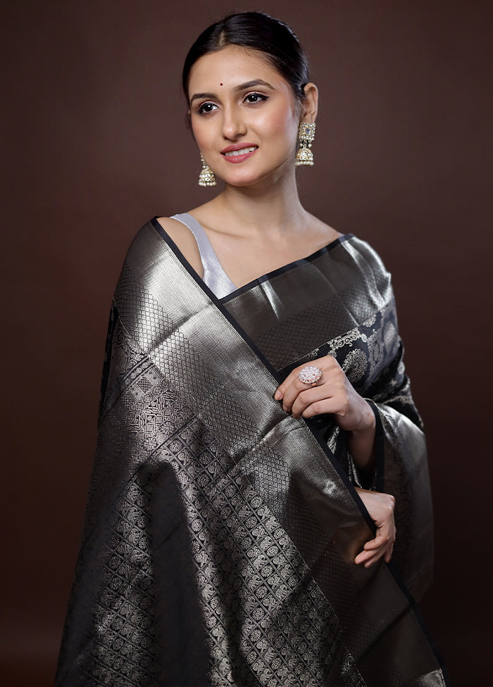 Black Kanchipuram Pure Silk Saree With Blouse Piece - Indian Silk House Agencies