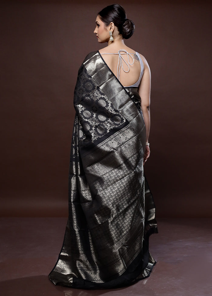 Black Kanchipuram Pure Silk Saree With Blouse Piece - Indian Silk House Agencies