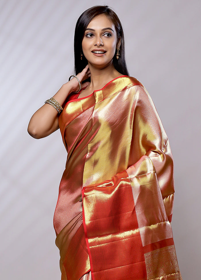 Gold Handloom Kanchipuram Pure Silk Saree With Blouse Piece