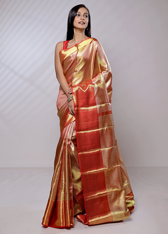 Gold Handloom Kanchipuram Pure Silk Saree With Blouse Piece