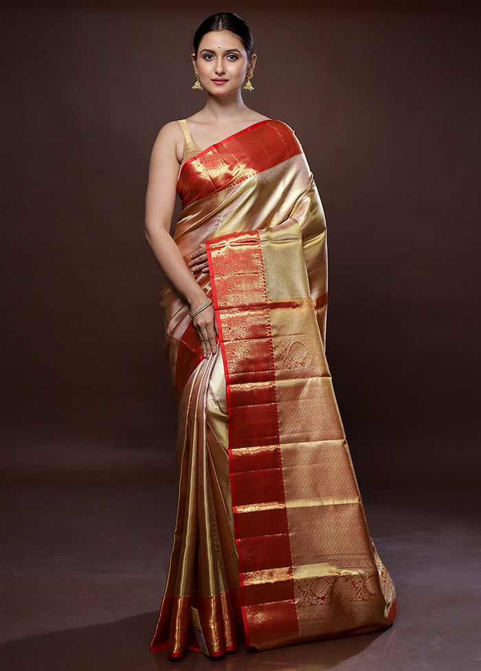 Cream Kanchipuram Pure Silk Saree With Blouse Piece - Indian Silk House Agencies