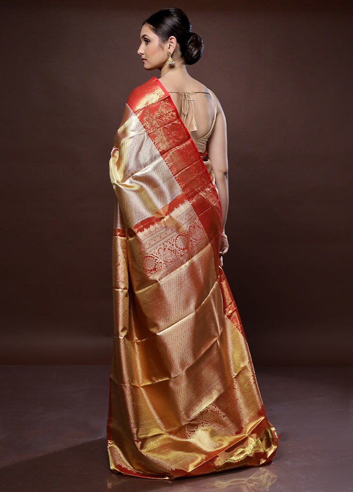 Cream Kanchipuram Pure Silk Saree With Blouse Piece - Indian Silk House Agencies