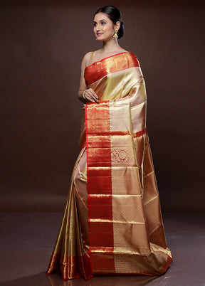 Cream Kanchipuram Pure Silk Saree With Blouse Piece - Indian Silk House Agencies