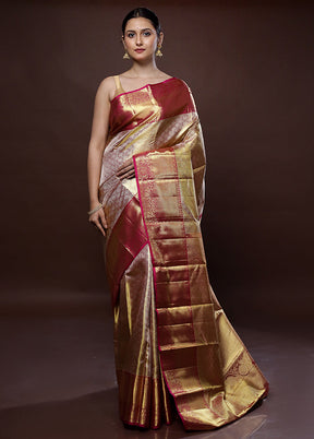 Cream Kanchipuram Pure Silk Saree With Blouse Piece - Indian Silk House Agencies