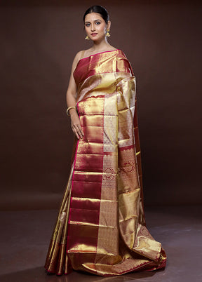 Cream Kanchipuram Pure Silk Saree With Blouse Piece - Indian Silk House Agencies