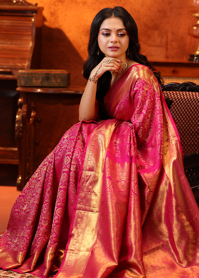 Pink Handloom Kanchipuram Pure Silk Saree With Blouse Piece