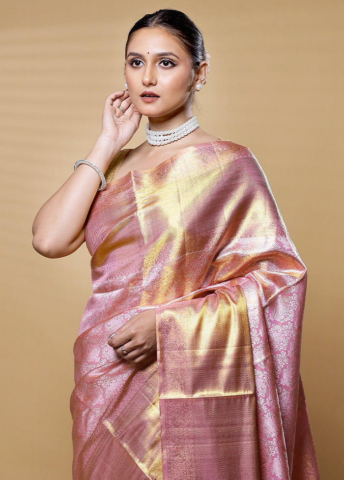 Pink Handloom Kanchipuram Pure Silk Saree With Blouse Piece