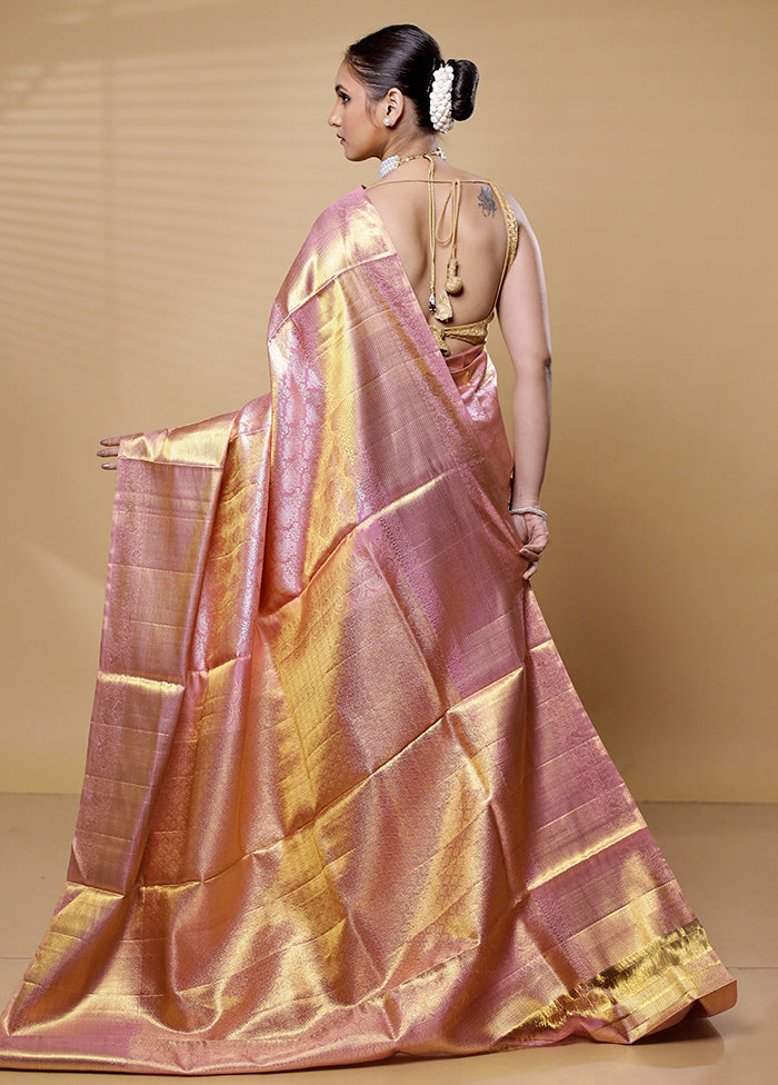 Pink Handloom Kanchipuram Pure Silk Saree With Blouse Piece