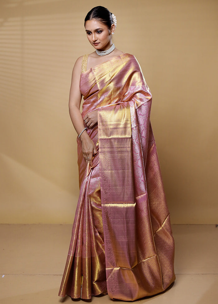 Pink Handloom Kanchipuram Pure Silk Saree With Blouse Piece