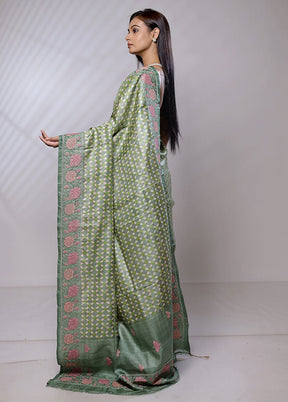 Green Handloom Tussar Pure Silk Saree With Blouse Piece