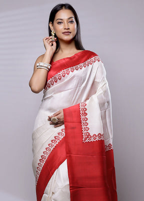 White Printed Pure Silk Saree Without Blouse Piece