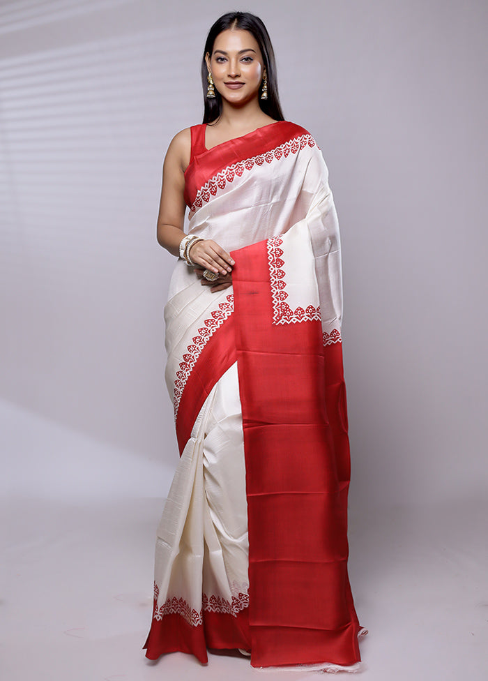 White Printed Pure Silk Saree Without Blouse Piece