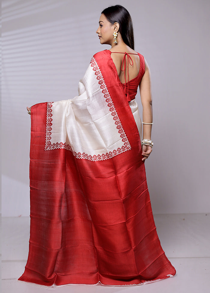 White Printed Pure Silk Saree Without Blouse Piece