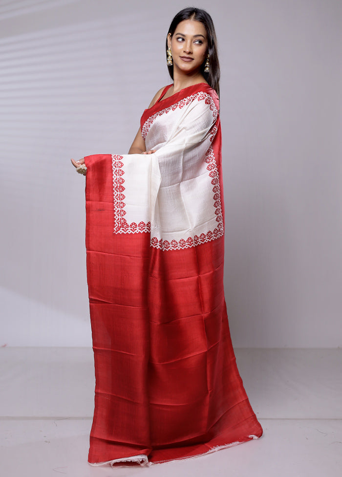 White Printed Pure Silk Saree Without Blouse Piece