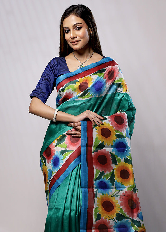 Green Printed Pure Silk Saree Without Blouse Piece