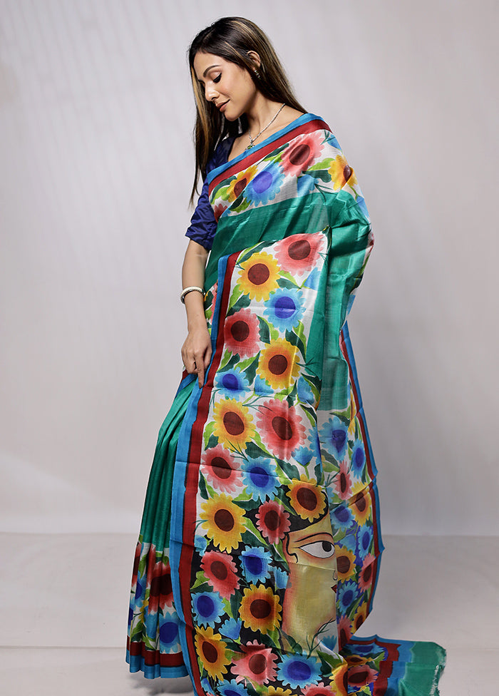 Green Printed Pure Silk Saree Without Blouse Piece